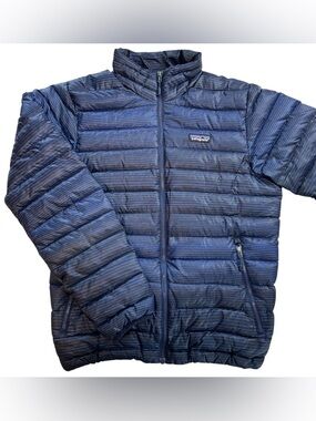 Patagonia Men’s Goose Down Jacket Sweater Stripe Navy Blue Full Zip size S